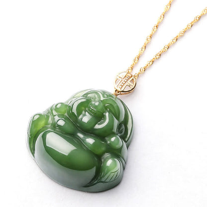 Mythstone 925 Sterling Silver Laughing Buddha Hetian Cyan Jade 18K Gold Success Necklace Chain Pendant