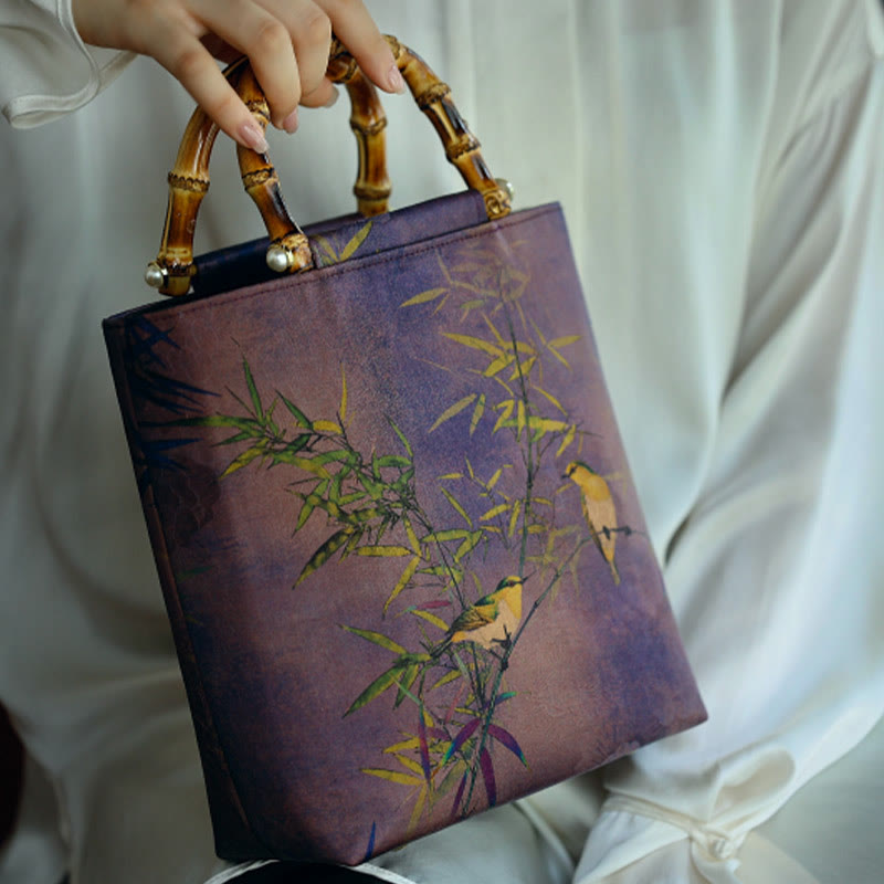 Mythstone Purple Magpie Birds Branches Bamboo Handles Handbag