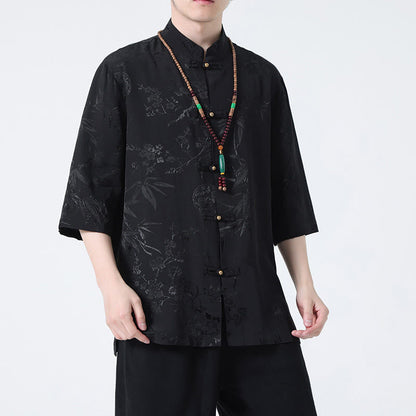 Mythstone Peach Blossom Bamboo Leaves Frog-button Chinese Half Sleeve Shirt Men T-shirt