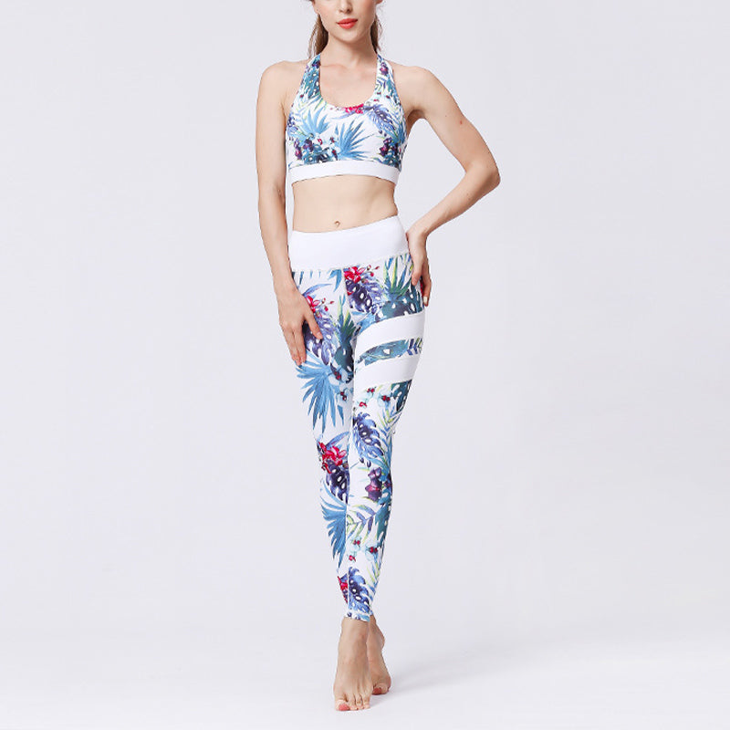 Mythstone 2Pcs Sunflower Flowers Leaves Print Top Pants Sports Fitness Yoga Women's Yoga Sets