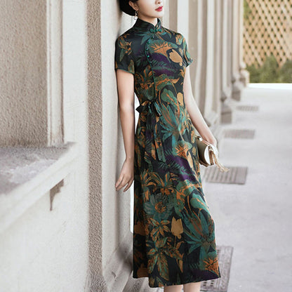 Mythstone Silk Qipao Dress Retro Flower Leaf Pattern Women's Cheongsam Dress