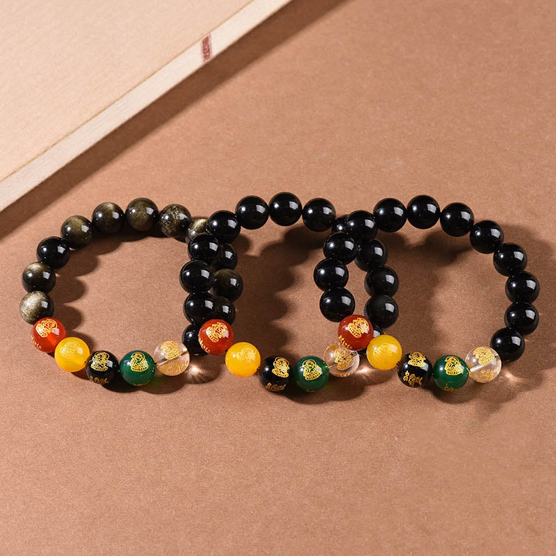 Mythstone Gold Sheen Obsidian Rainbow Obsidian Black Obsidian Five Directions Gods of Wealth Bracelet