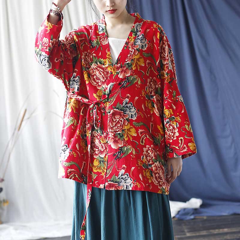 Mythstone Ethnic Style Northeast Red Flower Peony Print Cotton Linen Lace Up Jacket