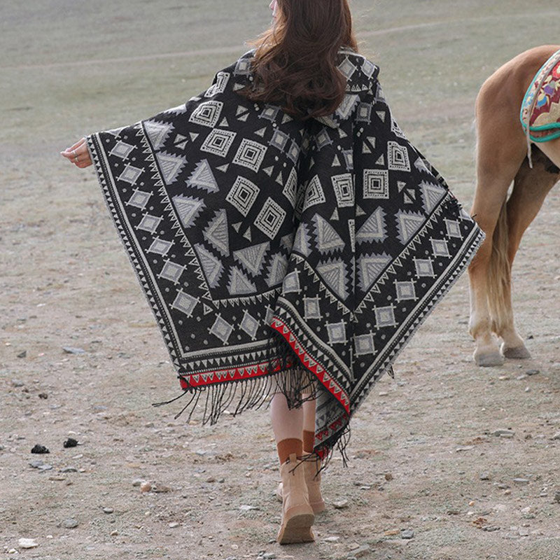 Chal tibetano Mythstone con capucha y estampado de triángulos, bufanda de viaje acogedora para el invierno