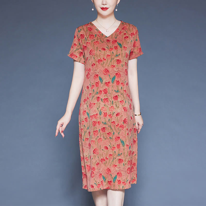 Mythstone V-Neck Tulip Flowers Short Sleeve Midi Dress With Pockets