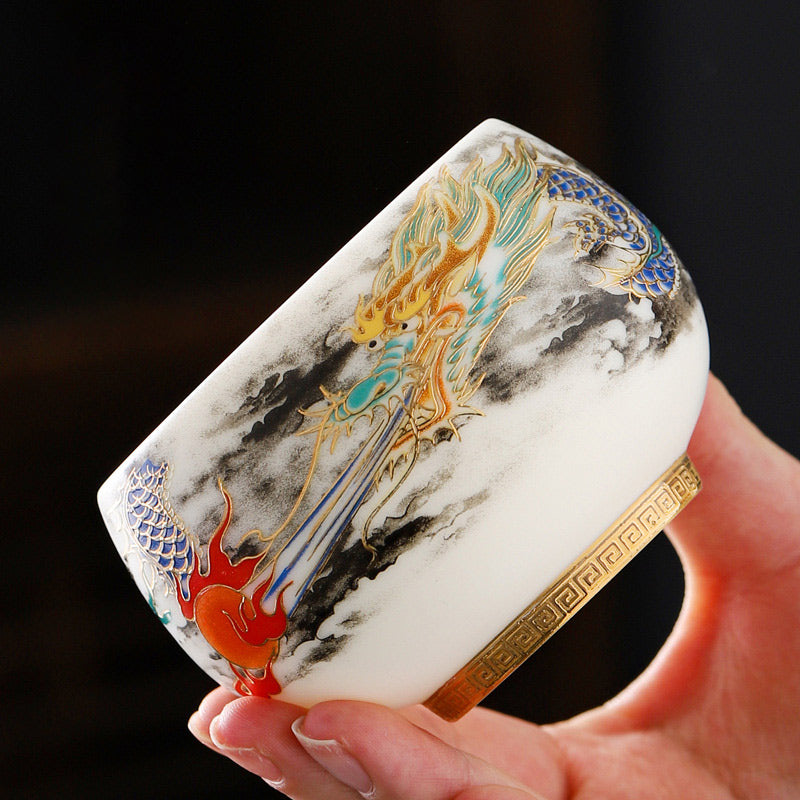 Mythstone Dragon Playing With Pearl Design White Porcelain Ceramic Teacup Kung Fu Tea Cup 160ml