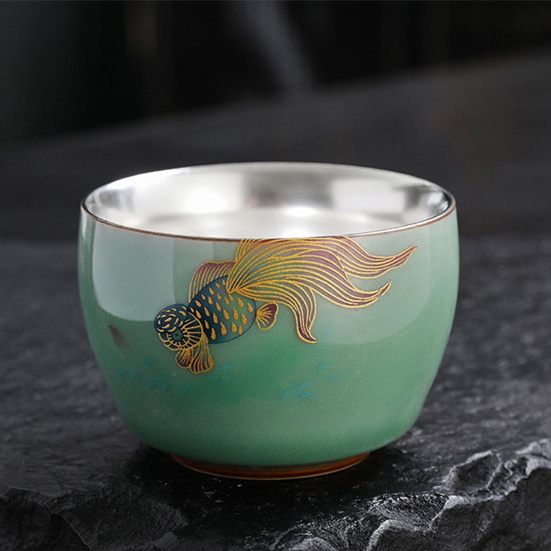 Mythstone 999 Sterling Silver Gilding Butterfly Goldfish Lotus Koi Fish Ceramic Teacup Kung Fu Tea Cup 120ml