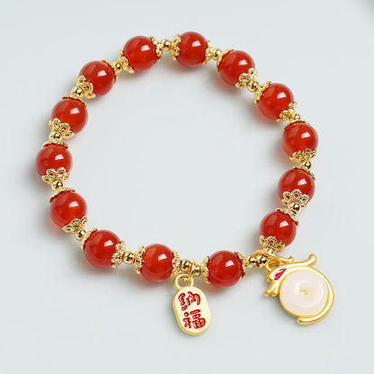 MythStone Year of the Dragon Red Agate Green Aventurine Peace Buckle Fu Character Lucky Fortune Bracelet