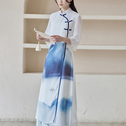 Mythstone Blue Landscape Painting Three Quarter Chinese Cheongsam Midi Dress