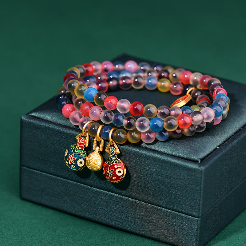 MythStone Colorful Candy Agate Gold Swallowing Beast Family Strength Charm Triple Wrap Bracelet