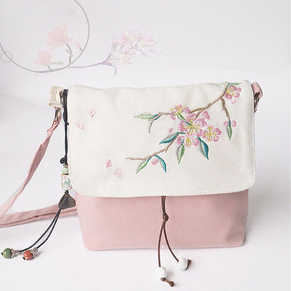 Mythstone Handmade Embroidered Plum Flowers Canvas Crossbody Bag Shoulder Bag Handbag