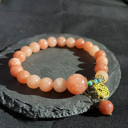 Mythstone Natural Orange Stone Turquoise Fu Character Charm Luck Fortune Bracelet