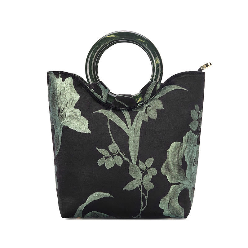 Mythstone Black Green Orchids Print Vintage Handbag