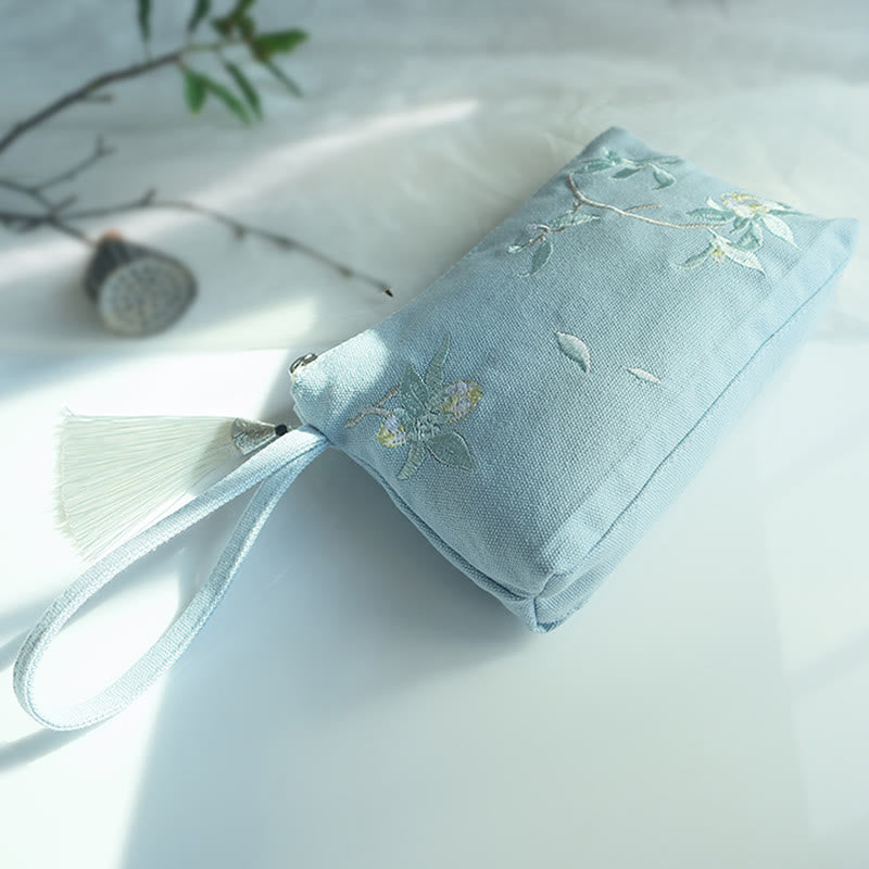 Mythstone Small Flower Plum Cherry Crane Peach Blossom Embroidery Canvas Wallet Shopping Purse