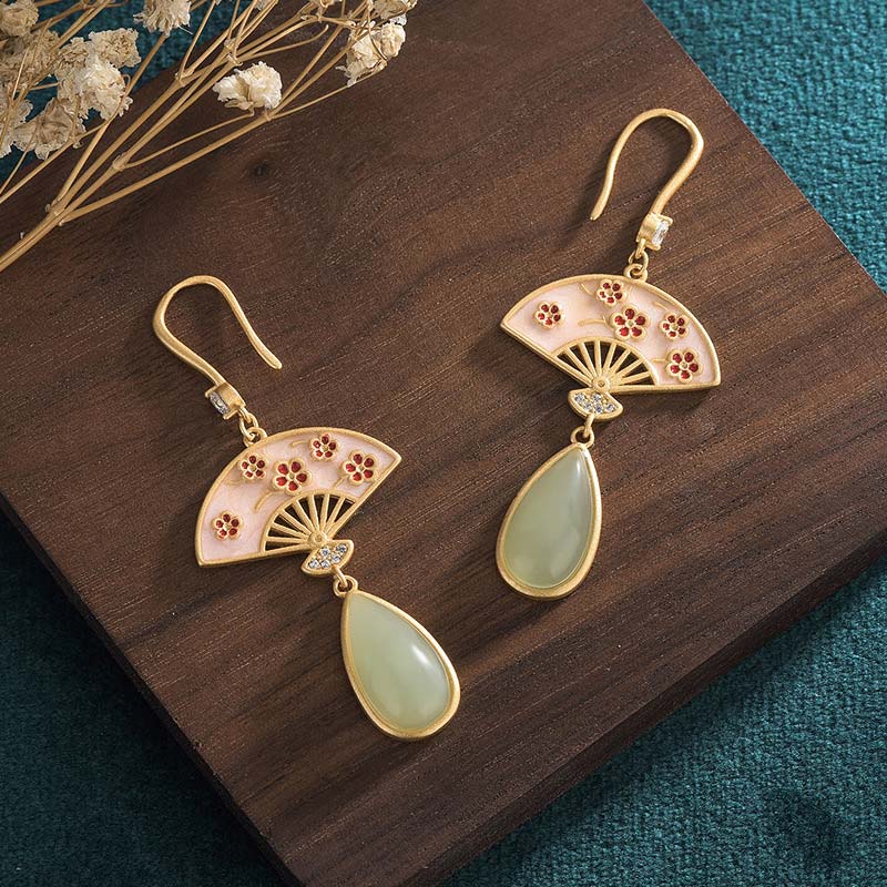 Mythstone Natural Green Aventurine Fan Pattern Luck Drop Earrings