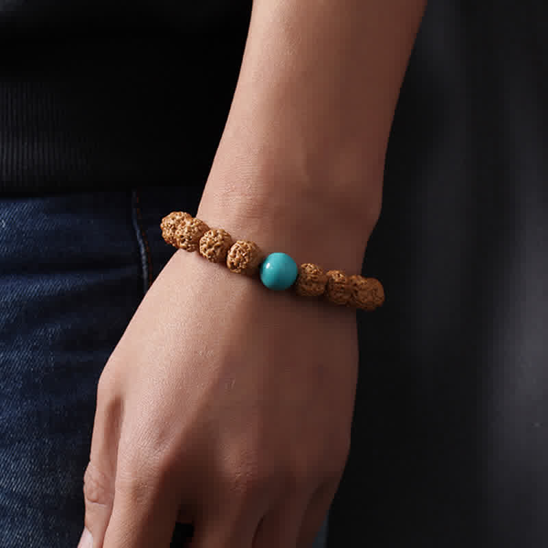 Mythstone Tibet Rudraksha Bodhi Seed Dzi Bead Amber Turquoise Wealth Bracelet