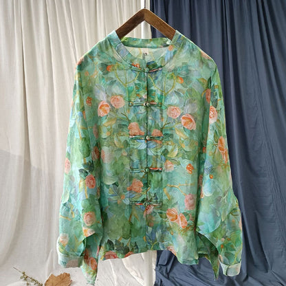 Camisa de lino con ramio y manga larga con estampado de flores rosas y hojas verdes de Mythstone 