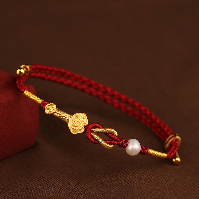 Mythstone 24K Gold Wish Ruyi Handle Fu Character Rabbit Pearl Luck Braided Bracelet