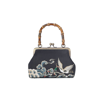 Mythstone Auspicious Clouds Cranes Embroidery Bamboo Handle Handbag Crossbody Bag