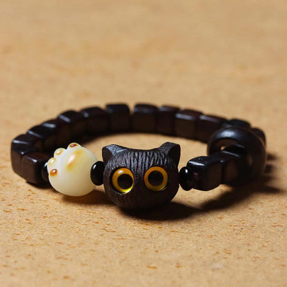 Mythstone Ebony Wood Cute Cat Bodhi Seed Paw Claw Square Beads Calm Bracelet