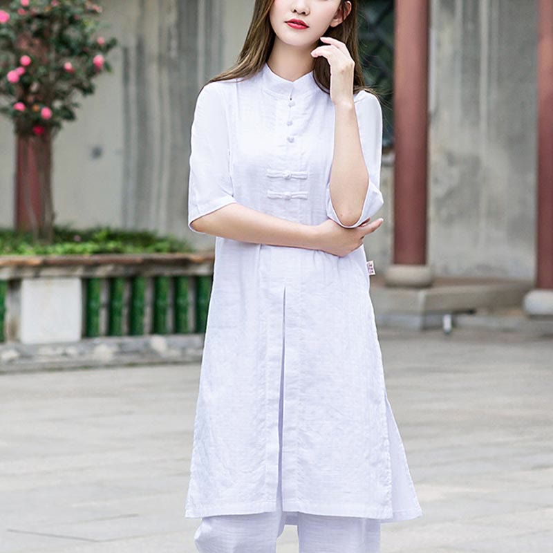 Mythstone 2Pcs Half Sleeve Shirt Top Pants Meditation Zen Tai Chi Linen Clothing Women's Set