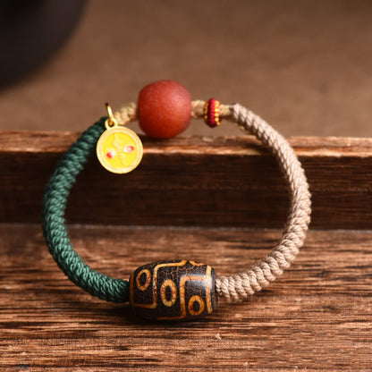 Mythstone Handmade Tibetan Nine-Eye Dzi Bead Wealth Rope Bracelet