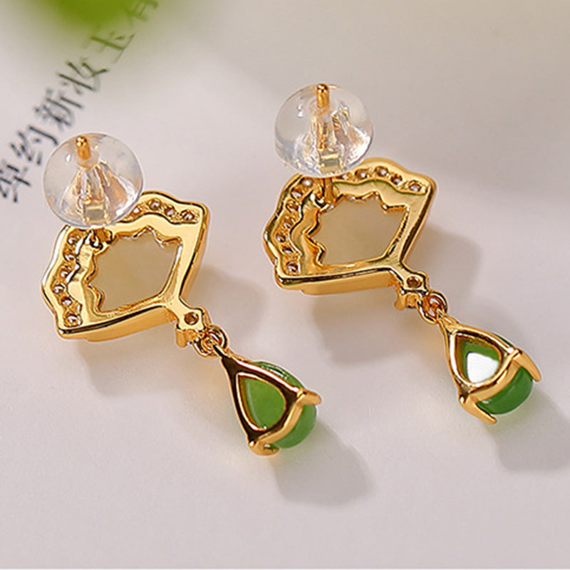 Mythstone White Jade Cyan Jade Fan Water Drop Pattern Luck Drop Earrings