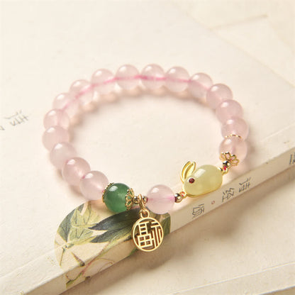 Pulsera de conejito de amor y felicidad con ágata verde y cristal rosa natural del año del conejo