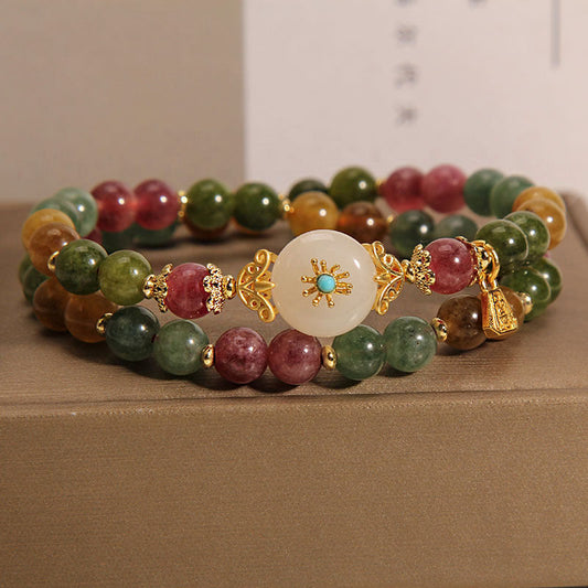 Pulsera de doble vuelta con flor de jade positiva y turmalina multicolor natural Mythstone 