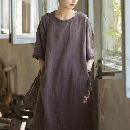 Mythstone Mid Length Dress Ramie Linen Half Sleeve Split Hem Top T-Shirt