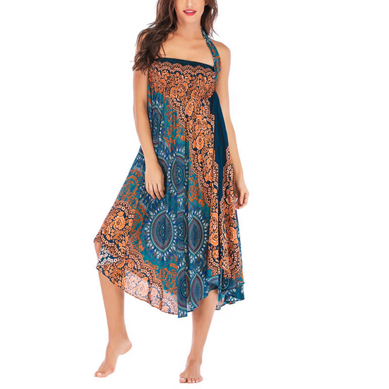 Mythstone Two Style Wear Boho Compass Rose Flower Print Lace-up Skirt Dress