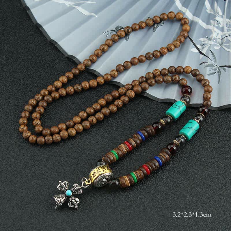 Collar con colgante de madera Vajra con rueda de oración tibetana Om Mani Padme Hum de Mythstone