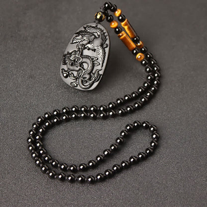 Mythstone Black Obsidian Tiger Eye Dragon Phoenix Protection Beaded Necklace Pendant