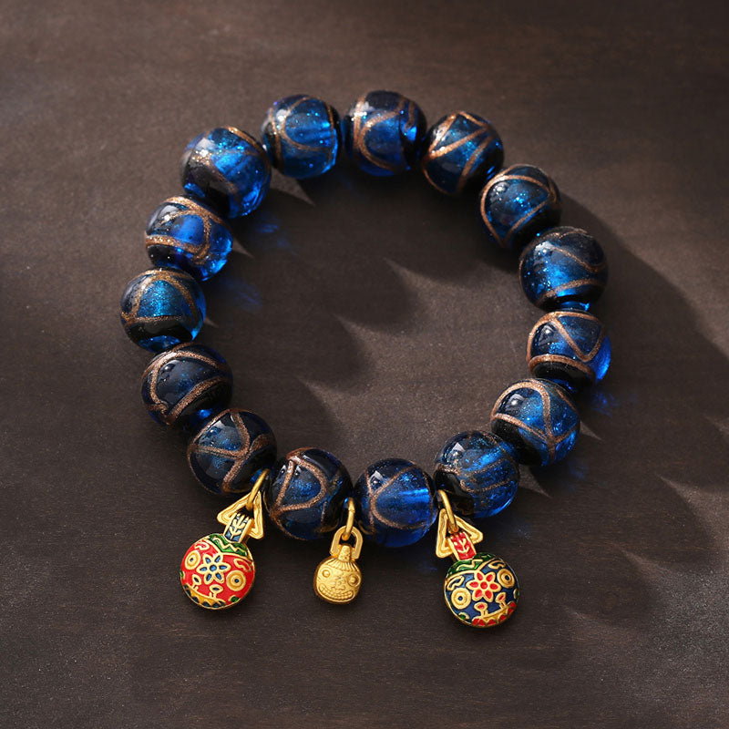 Mythstone Gold Swallowing Beast Luck Charm Blue Liuli Glass Bead Fortune Bracelet