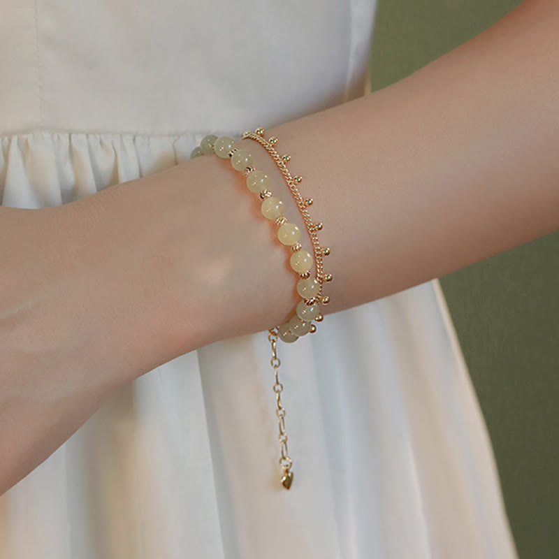 Mythstone 14K Gold Plated 2 Layers Hetian Jade Bead Luck Prosperity Bracelet