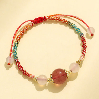 Mythstone Strawberry Quartz Pink Crystal Prehnite White Agate Bead Healing Rope Bracelet