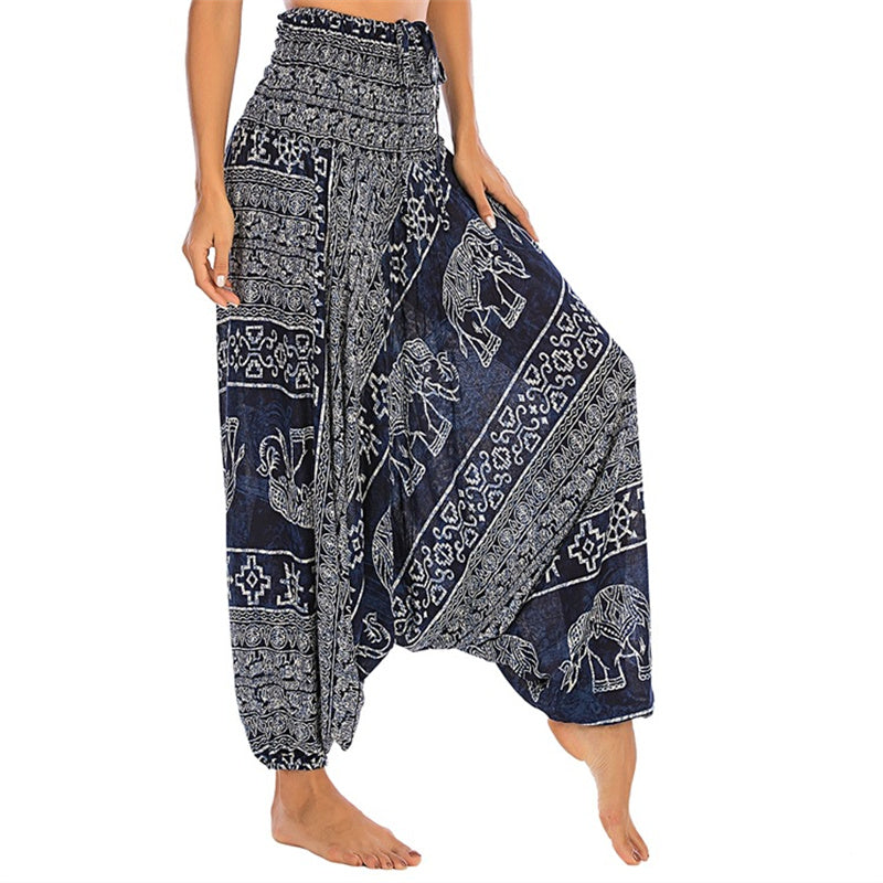 Mythstone Two Style Wear Elephant Pattern Loose Smocked Harem Trousers Jumpsuit Women's Yoga Pants