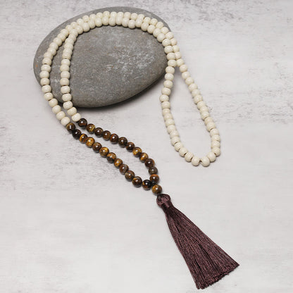 Mythstone Semi-Precious Gem Stones Wood Bead Necklace Multicolor Tassel Charms Chain Necklace