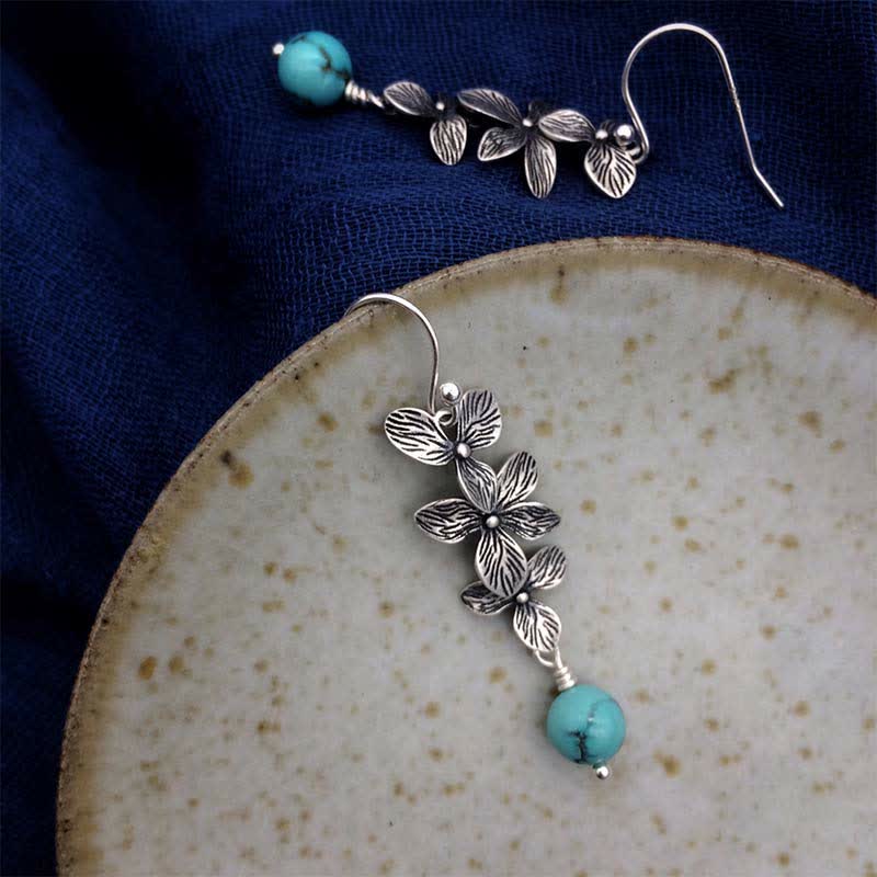 Mythstone 925 Sterling Silver Turquoise Lazurite Flower Leaf Serenity Protection Hook Drop Dangle Earrings