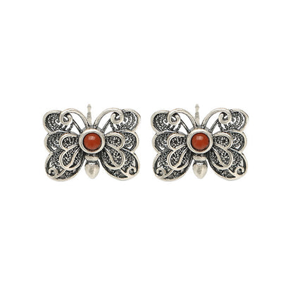 Mythstone 925 Sterling Silver Red Agate Butterfly Self-acceptance Ring Earrings Set