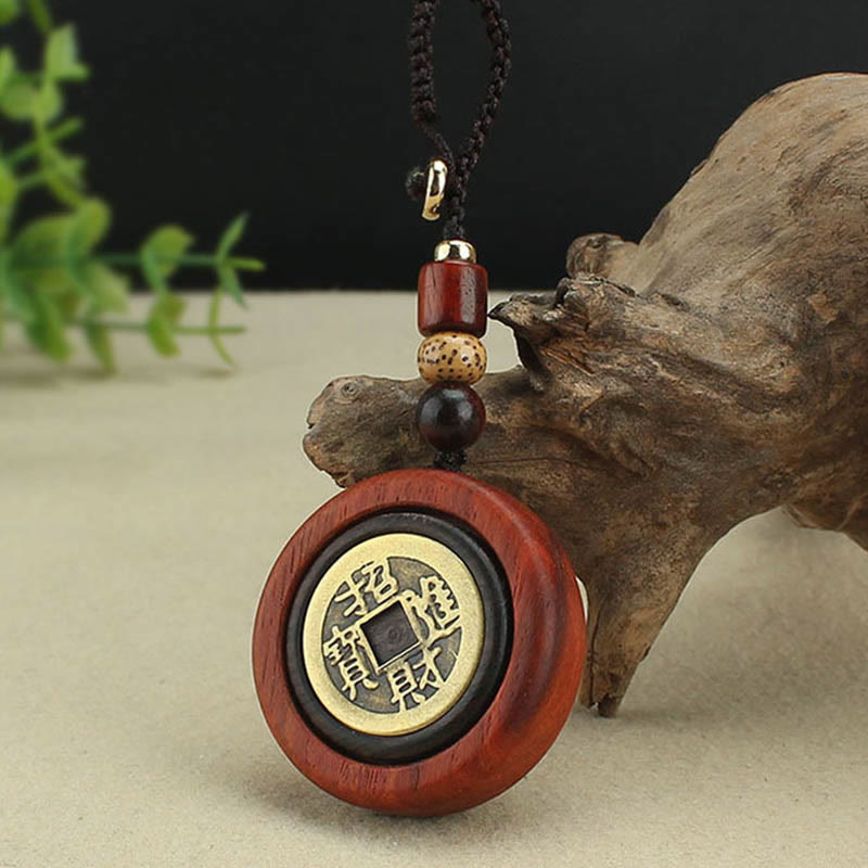 Llavero de madera de ébano y sándalo rojo con moneda de cobre Mythstone que atrae la riqueza 