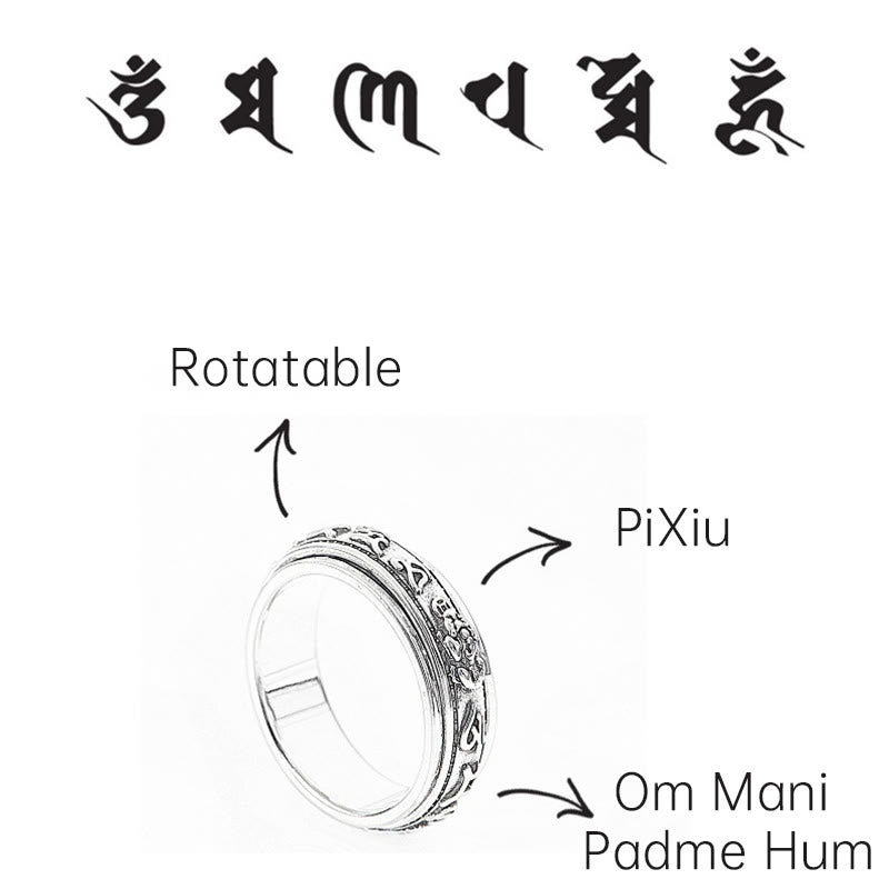 Mythstone Tibetan Om Mani Padme Hum PiXiu Engraved Wealth Luck Rotatable Ring