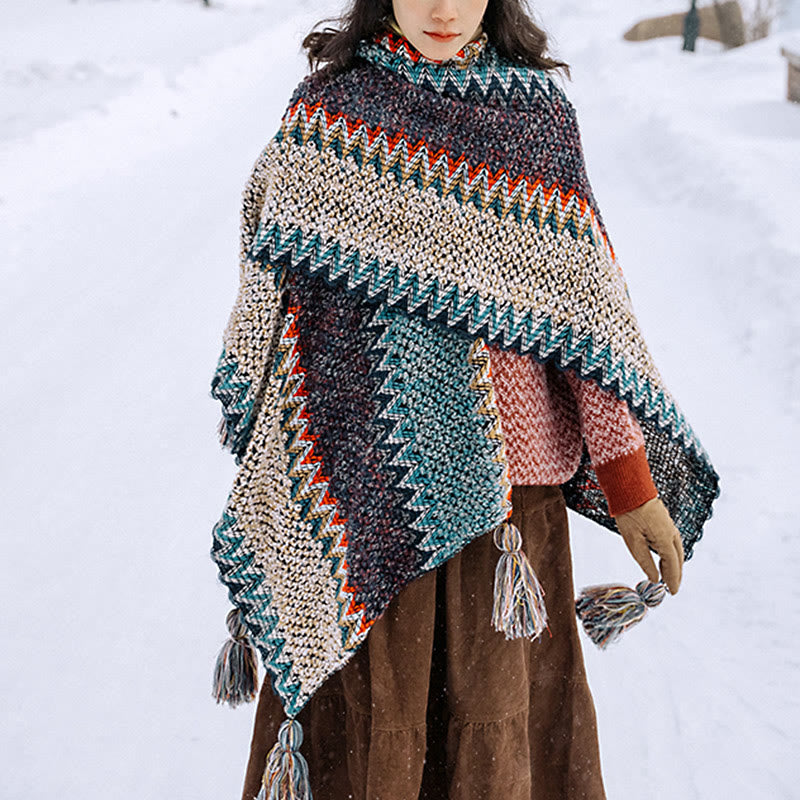 Chal tibetano Mythstone con estampado ondulado azul, beige y rojo, bufanda cálida con borlas para el invierno