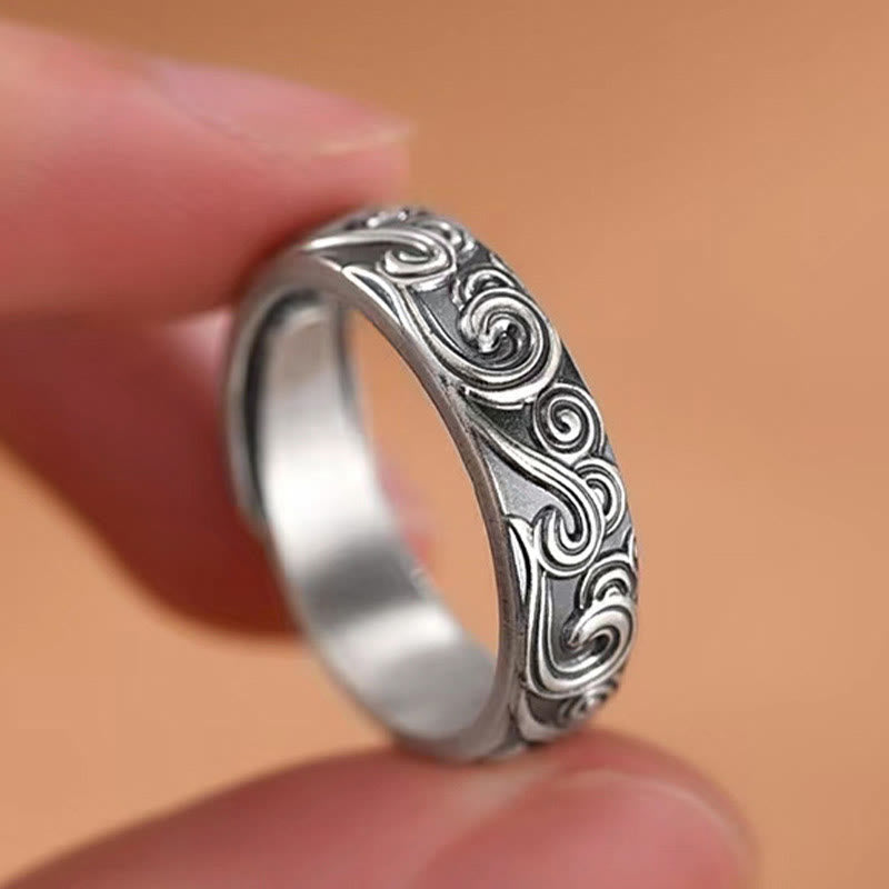 Mythstone 999 Sterling Silver Auspicious Clouds Engraved Blessing Adjustable Ring