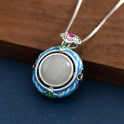 Mythstone 925 Sterling Silver Blue Enamel Round Hetian Jade Luck Necklace Pendant Ring Set