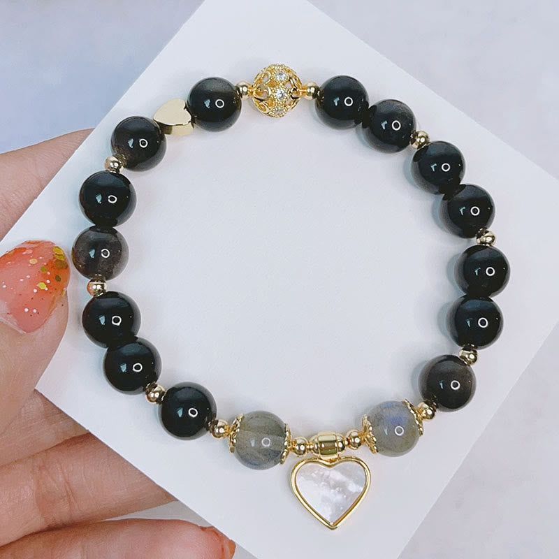 Pulsera de protección con forma de corazón, estrella y flor de obsidiana con brillo de plata natural Mythstone