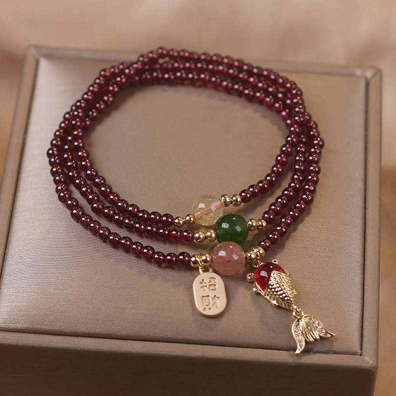 MythStone Natural Garnet Strawberry Quartz Crystal Fox Koi Fish Peace Buckle Fortune Protection Triple Wrap Bracelet