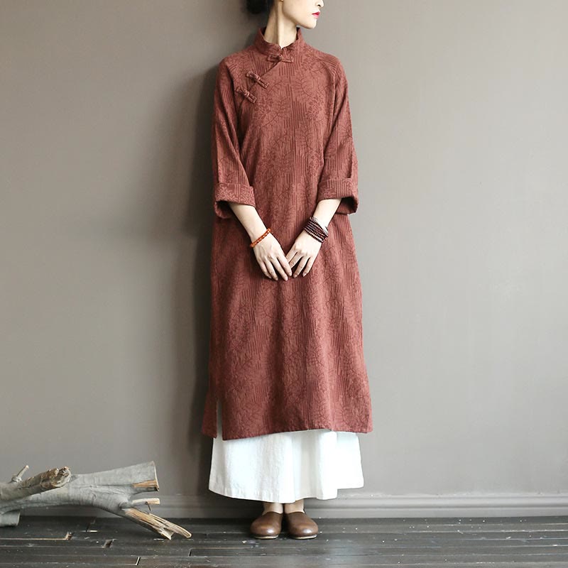 Mythstone Flower Jacquard Midi Dress Long Sleeve Cotton Linen Dress Wide Leg Pants With Pockets