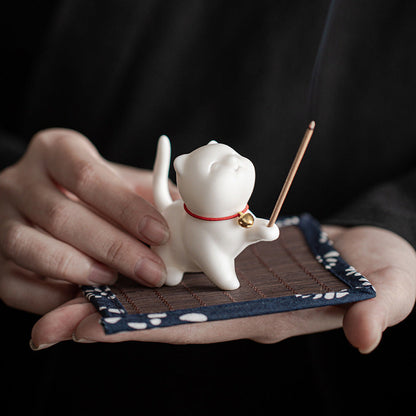 Mythstone Mini Lucky Cat Kitten Tea Pet Ceramic Home Desk Figurine Decoration With Bamboo Mat