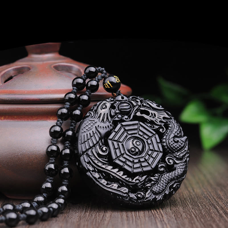 Mythstone Bagua Dragon Phoenix Obsidian Fulfilment Pendant Necklace